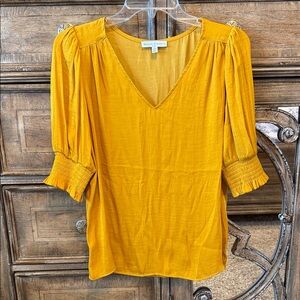 Maison d’Amelie smocked short sleeve blouse golden mustard yellow